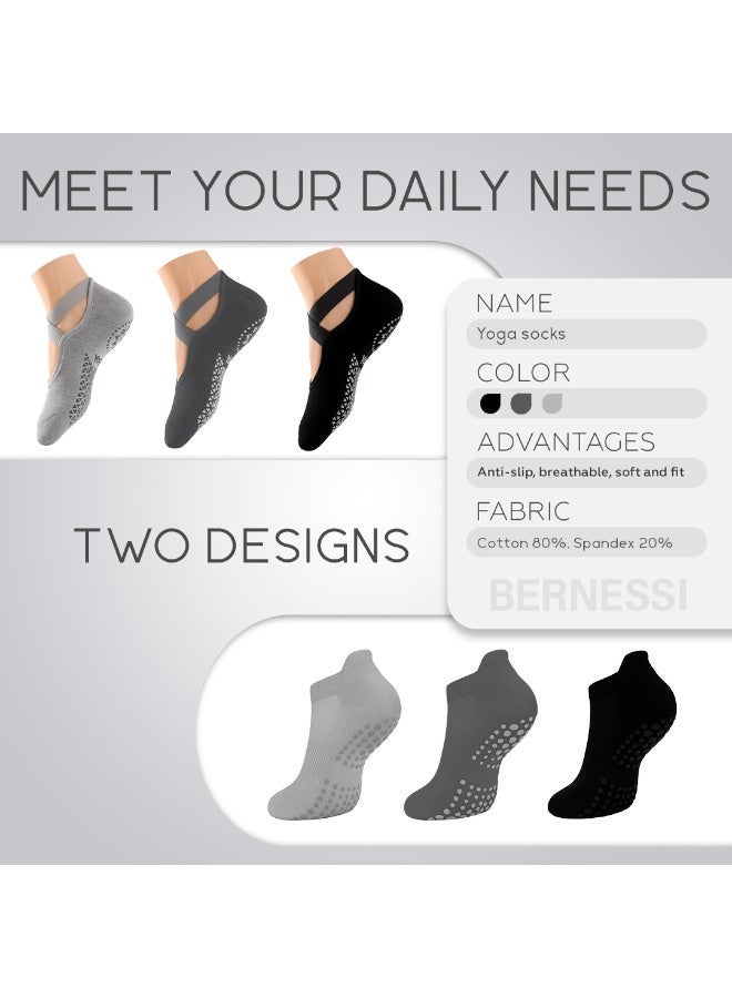 Bernessi 6 Pairs Non-Slip Yoga Socks Set For Women 2 Designed 3 Colors, Barre Elastic Workout Pilates Yoga Socks For Yoga Sports Gym Home Barefoot Exercises Dance Ballet, Grey - Image 2